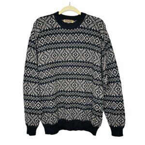 VTG Waliki Crewneck Sweater XL Black Beige Patterned Alpaca Hair Made in Bolvia